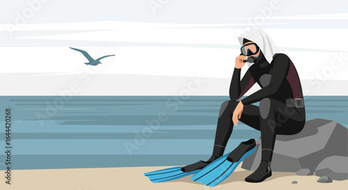 Illustrative depiction of a thoughtful scuba diver contemplating the ocean after a dive