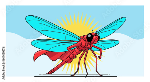 Illustrative depiction of a valiant dragonfly superhero set against a bright background illustration