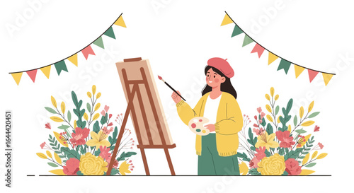 Illustrative depiction of a young woman painting on a canvas surrounded by flowers and a festive banner