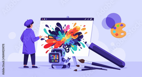 Illustrative depiction of an artist collaborating with AI on a digital painting project demonstrating modern creative tools