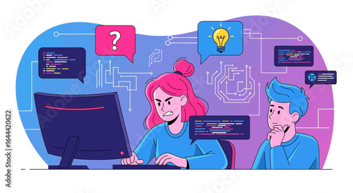 Illustrative depiction of team struggling with coding challenges and problem-solving