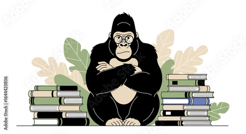 Illustrative gorilla with glasses sitting behind stacks of books in front of foliage