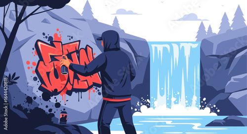 Illustrative Graffiti Artist Spraying on Rockface Against Picturesque Waterfall Backdrop