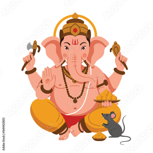 Illustration of Lord Ganesha sitting with a mouse, celebrating Ganesh Chaturthi, against a clean white background.