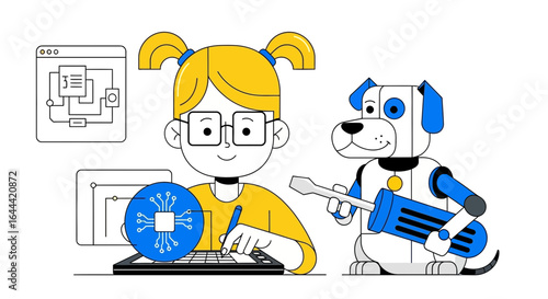 Illustrative image depicting a girl coding with a robot dog companion in a digital environment