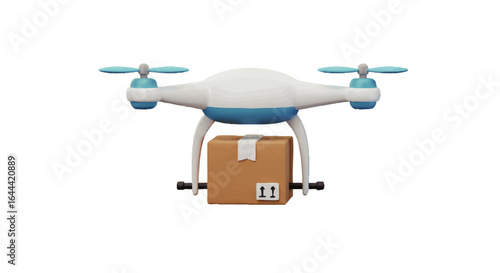 Modern white and blue delivery drone carrying a cardboard box package, 3D render.