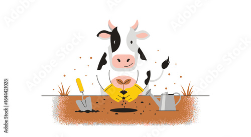Illustrative image of a smiling cow planting a seedling, symbolizing nature conservation and eco-friendly agriculture practices