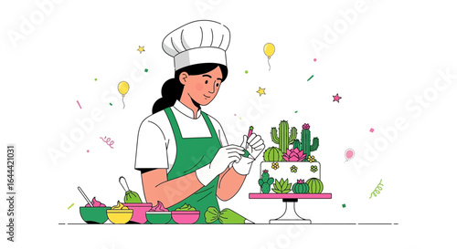 Wallpaper Mural Illustrative Image of a Skilled Pastry Chef Decorating a Cactus-Themed Cake with Precision Torontodigital.ca