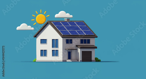 Modern White House with Solar Panels on Roof, Sunny Day