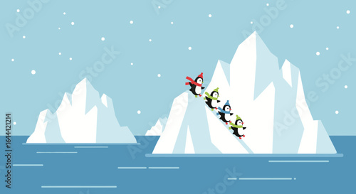 Illustrative penguins climb an iceberg showcasing teamwork in a winter landscape