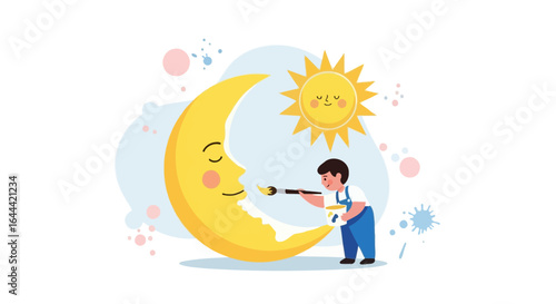 Illustrative portrayal of a child painting the moon next to a smiling sun in a vector art style