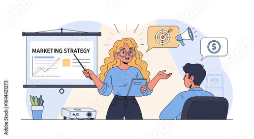 Illustrative presentation showcasing marketing strategy with data analysis and financial goals achieved through effective advertising techniques