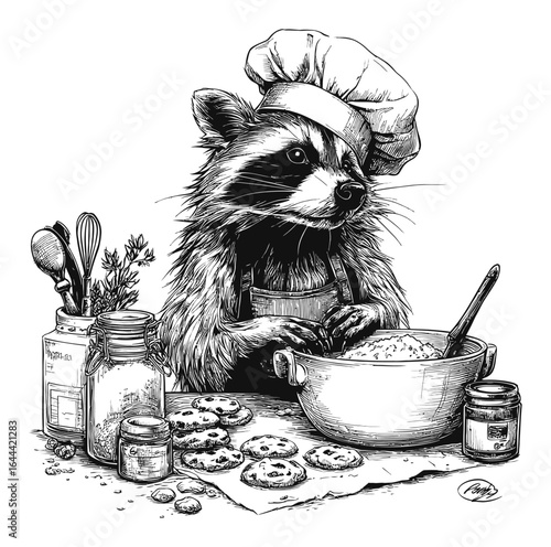 Raccoon Chef Preparing Delicious Cookies in Vintage Engraving Style Art