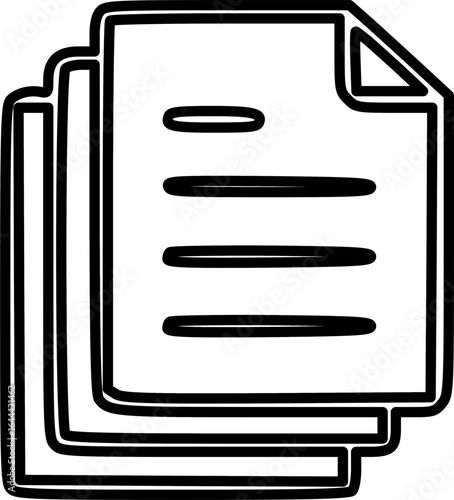 A bold black and white line art icon depicting a stack of documents or files, representing paperwork and information.