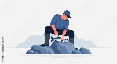 Illustrative scene of a fisherman cleaning a fish by the river on a rocky outcrop