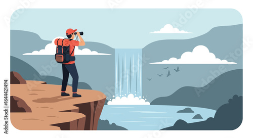 Illustrative scene of a hiker admiring the view of a waterfall landscape