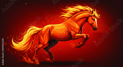 Powerful golden fire horse with a glowing mane and tail, rearing in a dynamic, energetic pose.