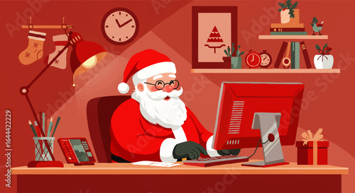 Santa Claus Working at Computer, Wearing Glasses and Red Suit