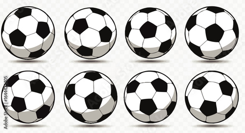 Set of eight classic black and white soccer balls with cartoon shading and shadows.
