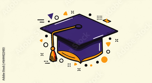 Purple Graduation Cap with Orange Tassel, Illustrated Style