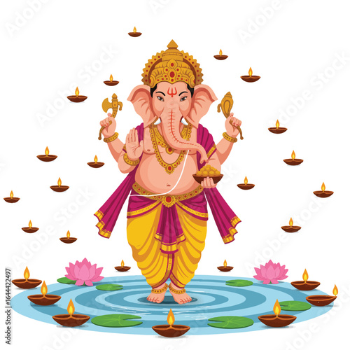 Illustration of Lord Ganesha standing on water with diyas for Ganesh Chaturthi festival on white background