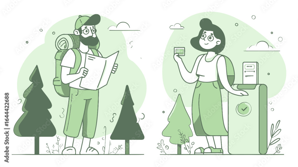 Fototapeta premium Cartoon Illustration of Adventurer and Traveler in Nature Setting