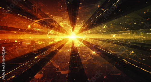 Radiating golden light burst within a complex futuristic digital data network.