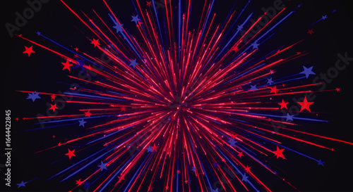 Red and Blue Starburst Explosion with Glowing Lines and Scattered Stars