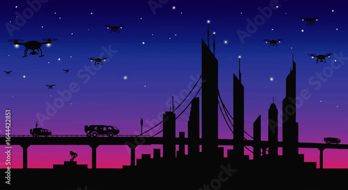 Silhouette of a futuristic city with flying drones and autonomous vehicles on a bridge under a starry night sky.