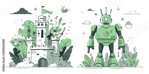 Cartoon Robot and Castle Illustration in Flat Vector Style