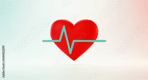 Red Heart with Teal Heartbeat Line Graphic Illustration