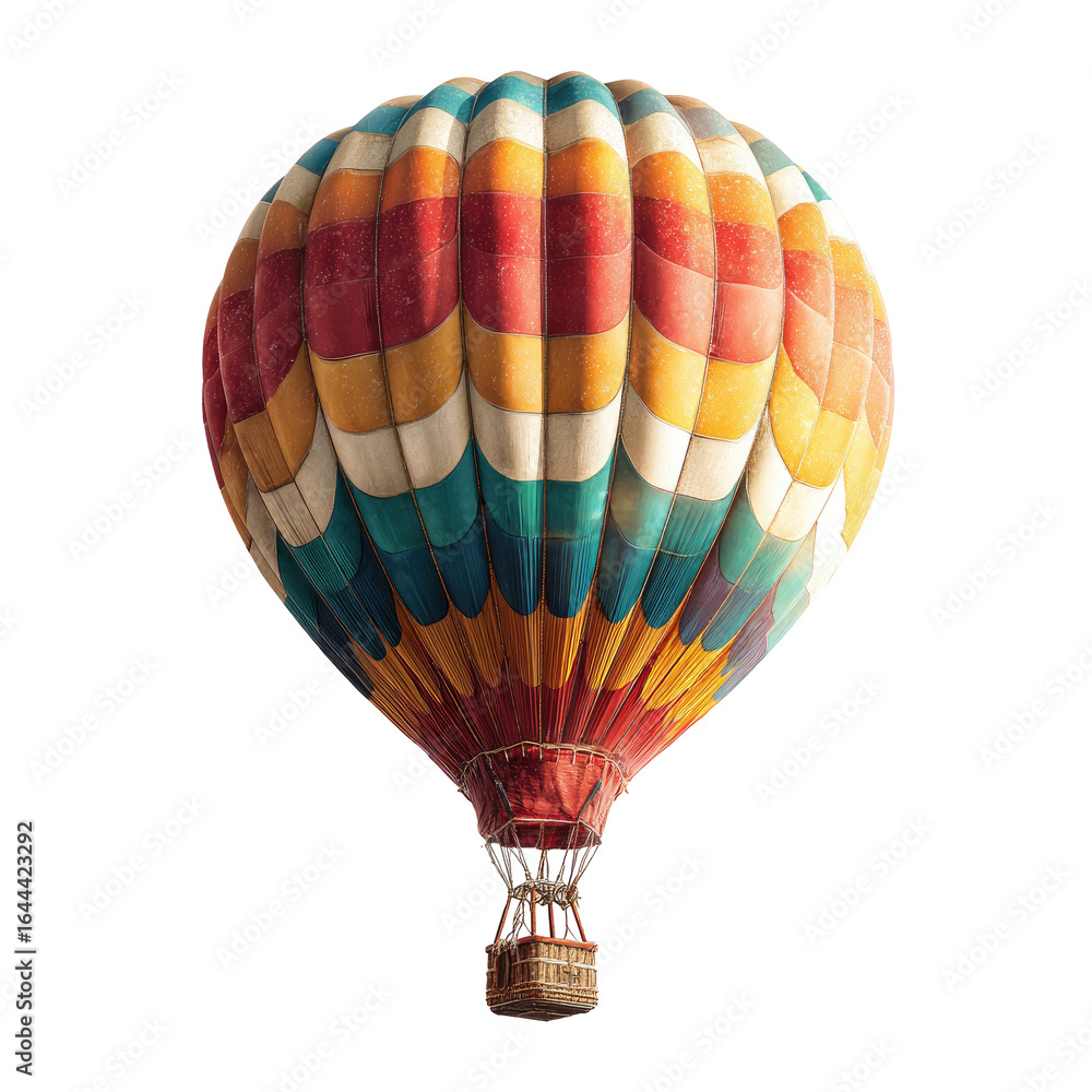 Obraz premium Colorful hot air balloon, ascending, clear sky, travel poster