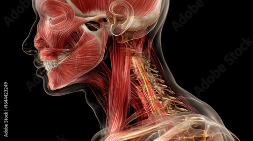 Detailed anatomical illustration of the human head, neck, and upper torso muscles and skeletal structure.