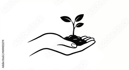 Simple black line art icon of a cupped hand holding a small sprout with four leaves in soil.