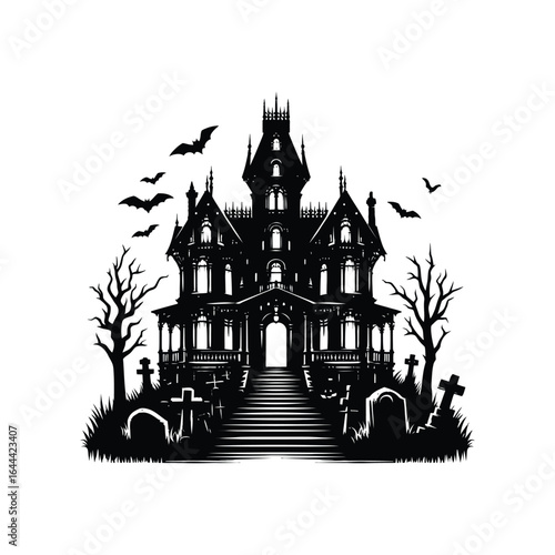 Haunted house vector silhouette line art logo design illustration