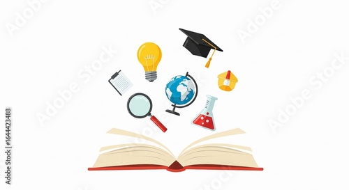 An open book with educational elements like a lightbulb, globe, and graduation cap, representing learning and knowledge on a white background.