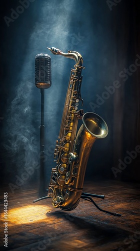 Vintage saxophone on wooden stage, smoky backdrop