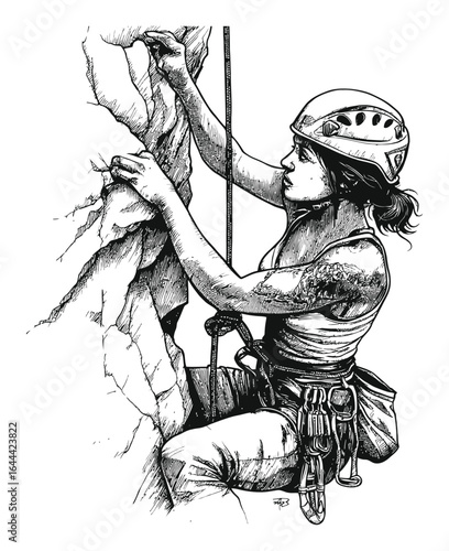 Detailed Hand-Drawn Engraving of a Female Rock Climber Scaling a Cliff