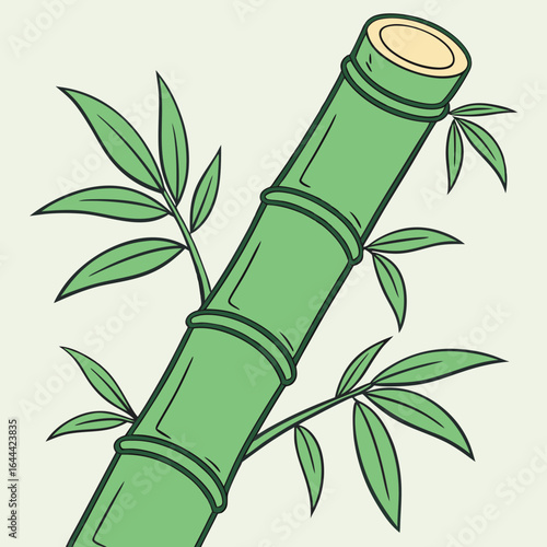 Illustration of a green bamboo stalk with leaves sprouting from its nodes, set against a light background.