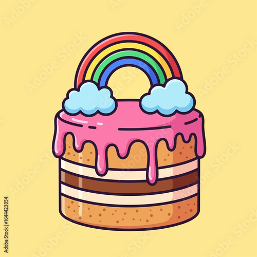 Cartoon illustration of a layered cake with pink frosting, a rainbow, and cloud decorations on a yellow background.