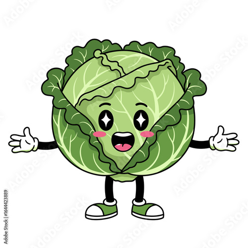 Cartoon cabbage character with star eyes, smiling widely and presenting with open arms and legs.