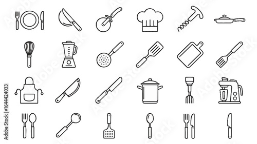 Set of 20 kitchen and cooking item line art icons in a grid silhouette