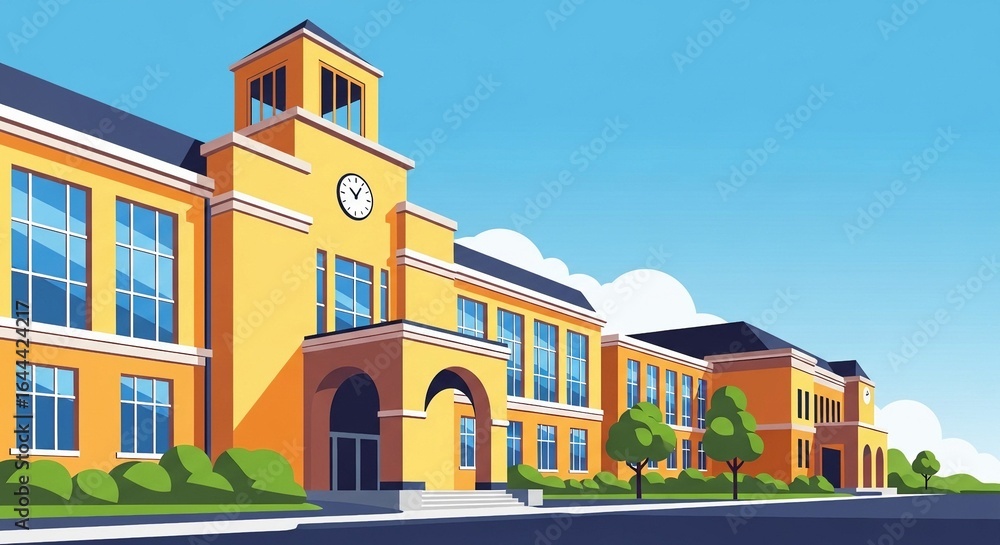 Obraz premium Bright yellow school building with a clock tower and blue sky, surrounded by green trees and landscaping.