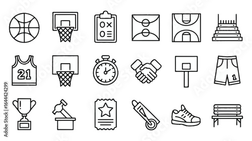 Collection of 20 basketball and sports icons in a grid silhouette