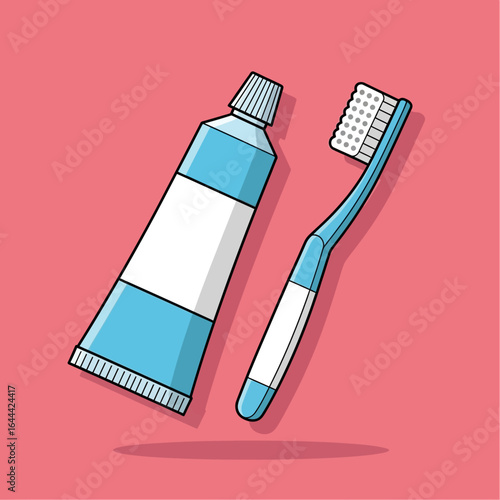 Illustration of a blue toothbrush and toothpaste tube on a pink background, representing dental hygiene.