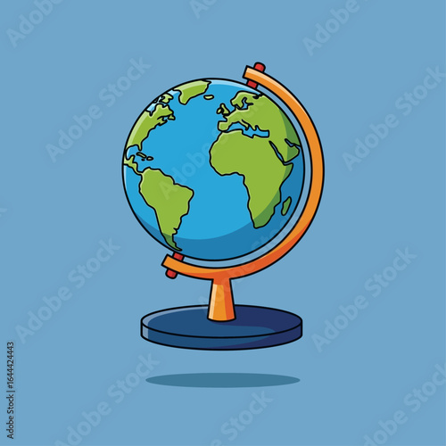 Cartoon style globe on a stand, showing continents and oceans, against a light blue background.