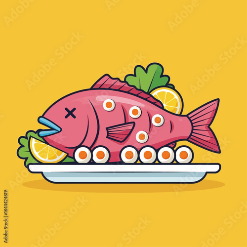 A stylized pink fish with "X" eyes lies on a platter with sushi rolls, lemon slices, and lettuce against a yellow background.