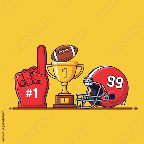 Illustration of a football trophy with a football on top, a foam finger with "#1" and a helmet, all on a yellow background.