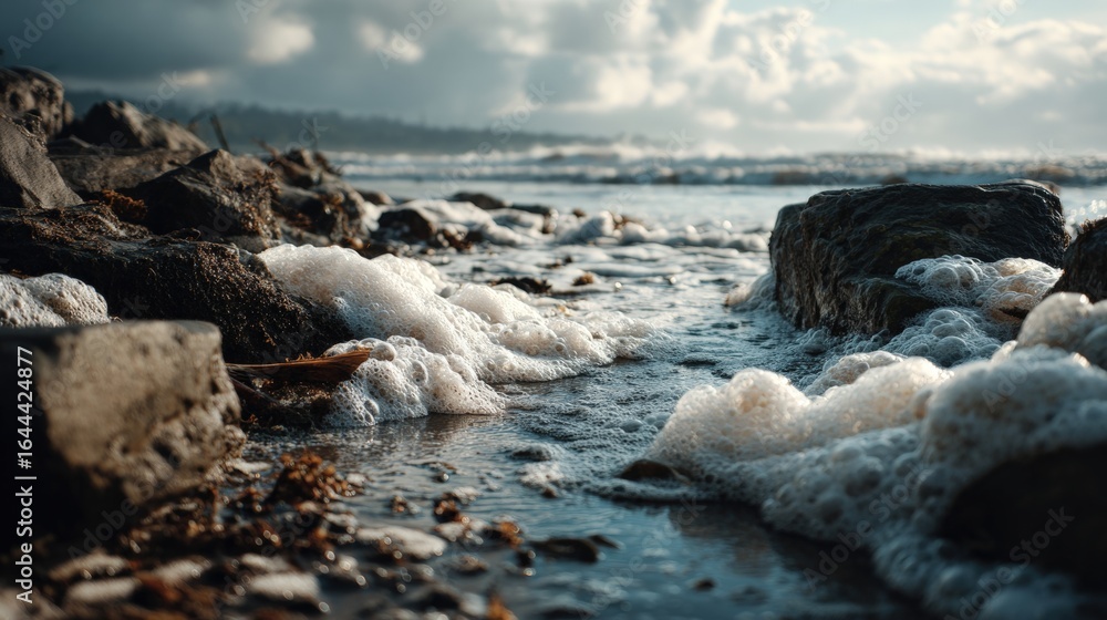 Naklejka premium Serene rocky shoreline with gentle waves and foam crashing over stones under cloudy sky du daytime, peaceful coastal landscape scene