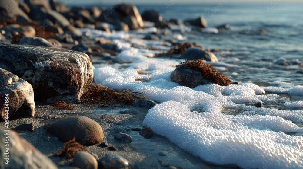 Obraz premium Close-up view of a rocky shoreline with gentle waves and foam lapping against smooth stones under clear water on a peaceful ocean coast scene